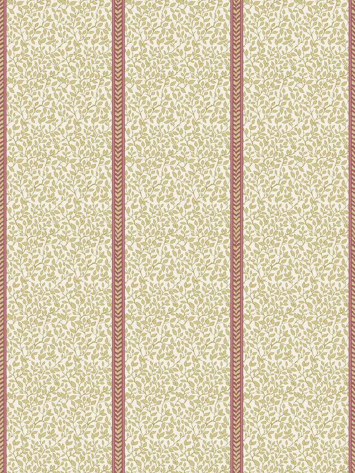 Cream wallpaper with olive green leaf vines in panels divided by dusty rose flamestitch stripes