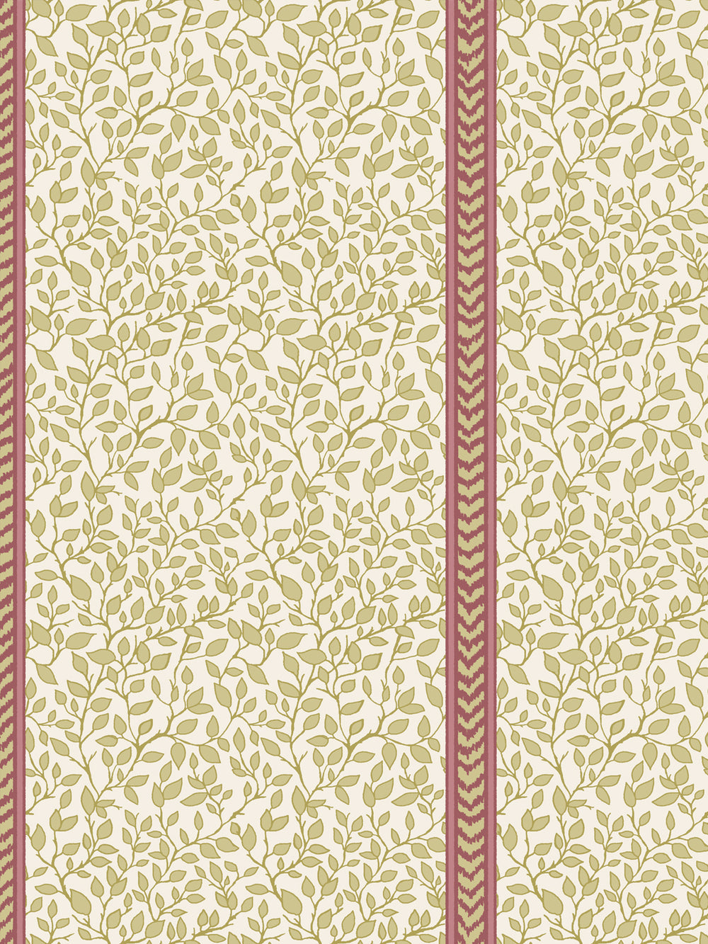 Close crop of olive green leaves on cream beside a rose pink and olive flamestitch stripe
