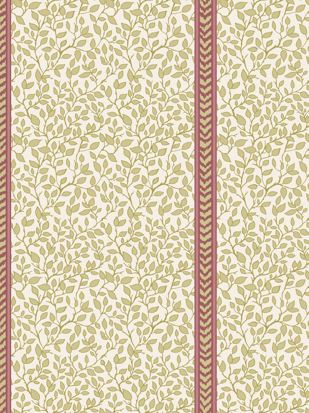 Close crop of olive green leaves on cream beside a rose pink and olive flamestitch stripe