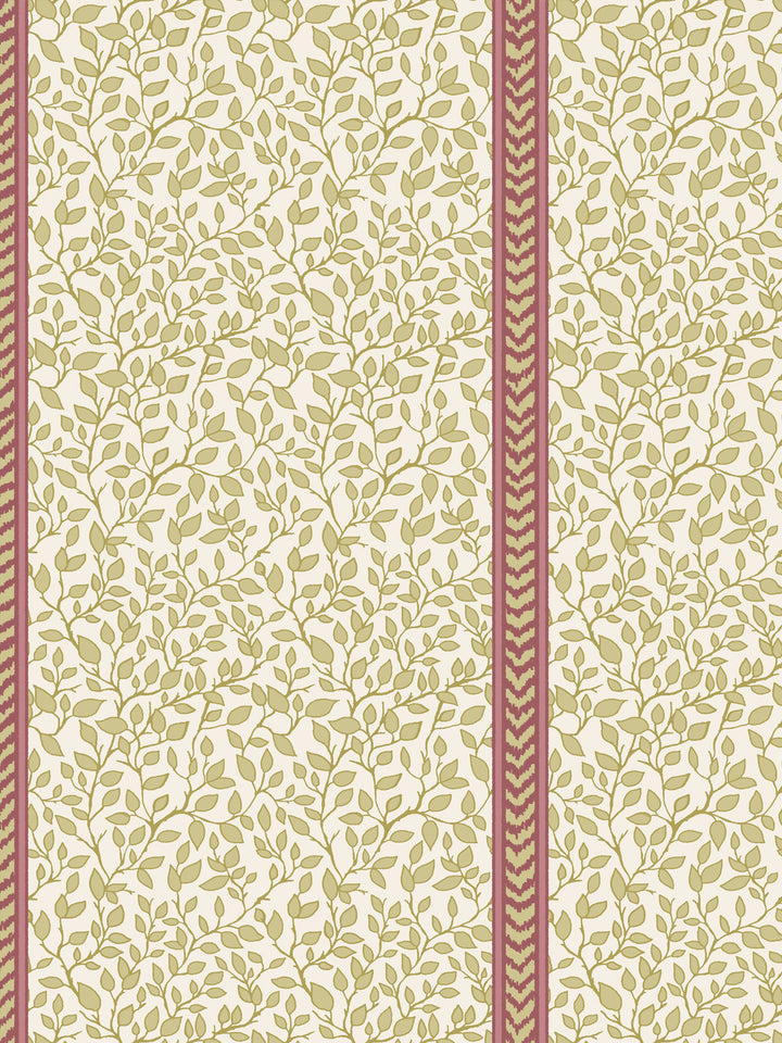 Close crop of olive green leaves on cream beside a rose pink and olive flamestitch stripe