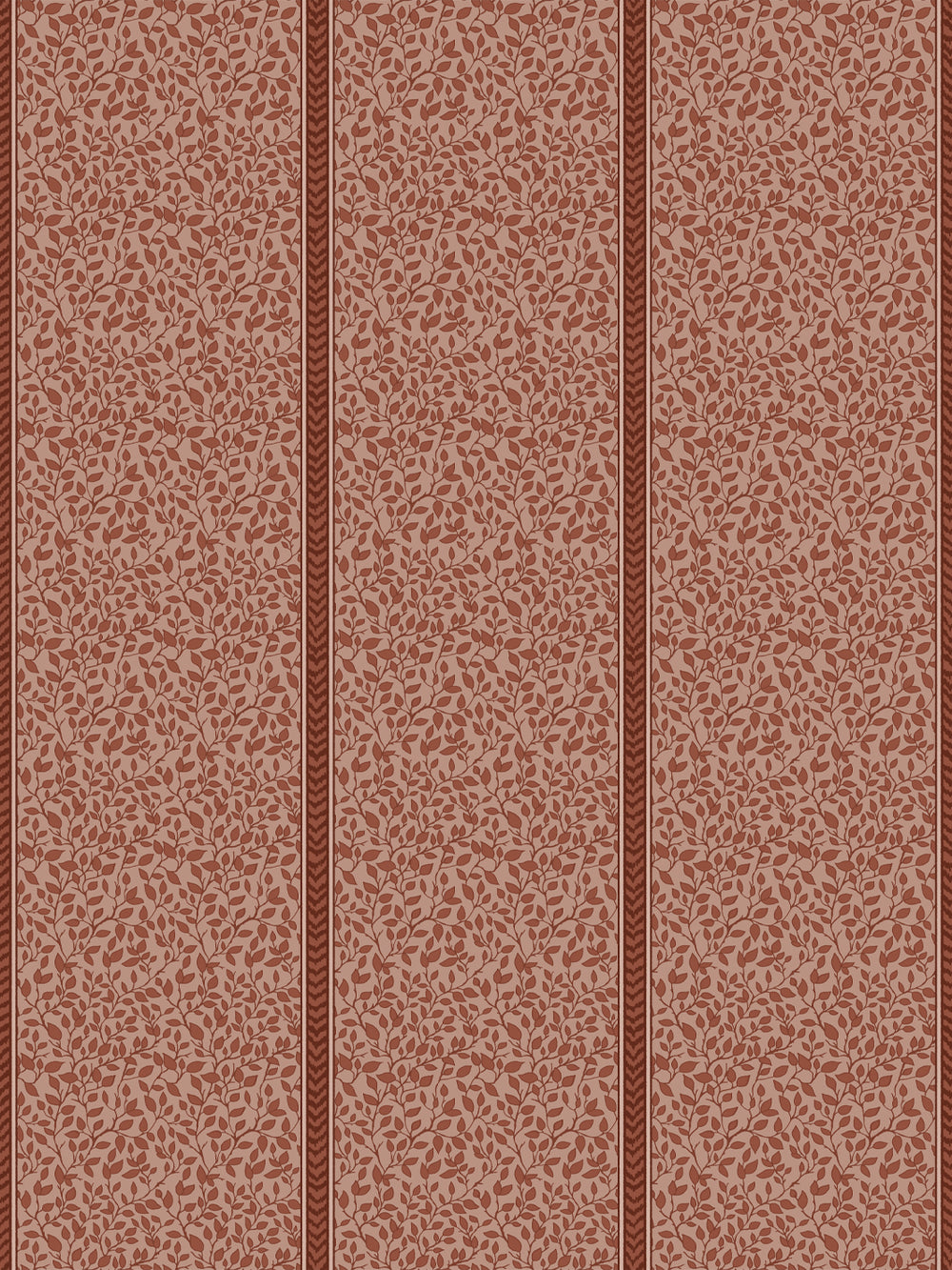 Clay pink wallpaper with rust leafy vines and deep oxblood flamestitch stripes between panels