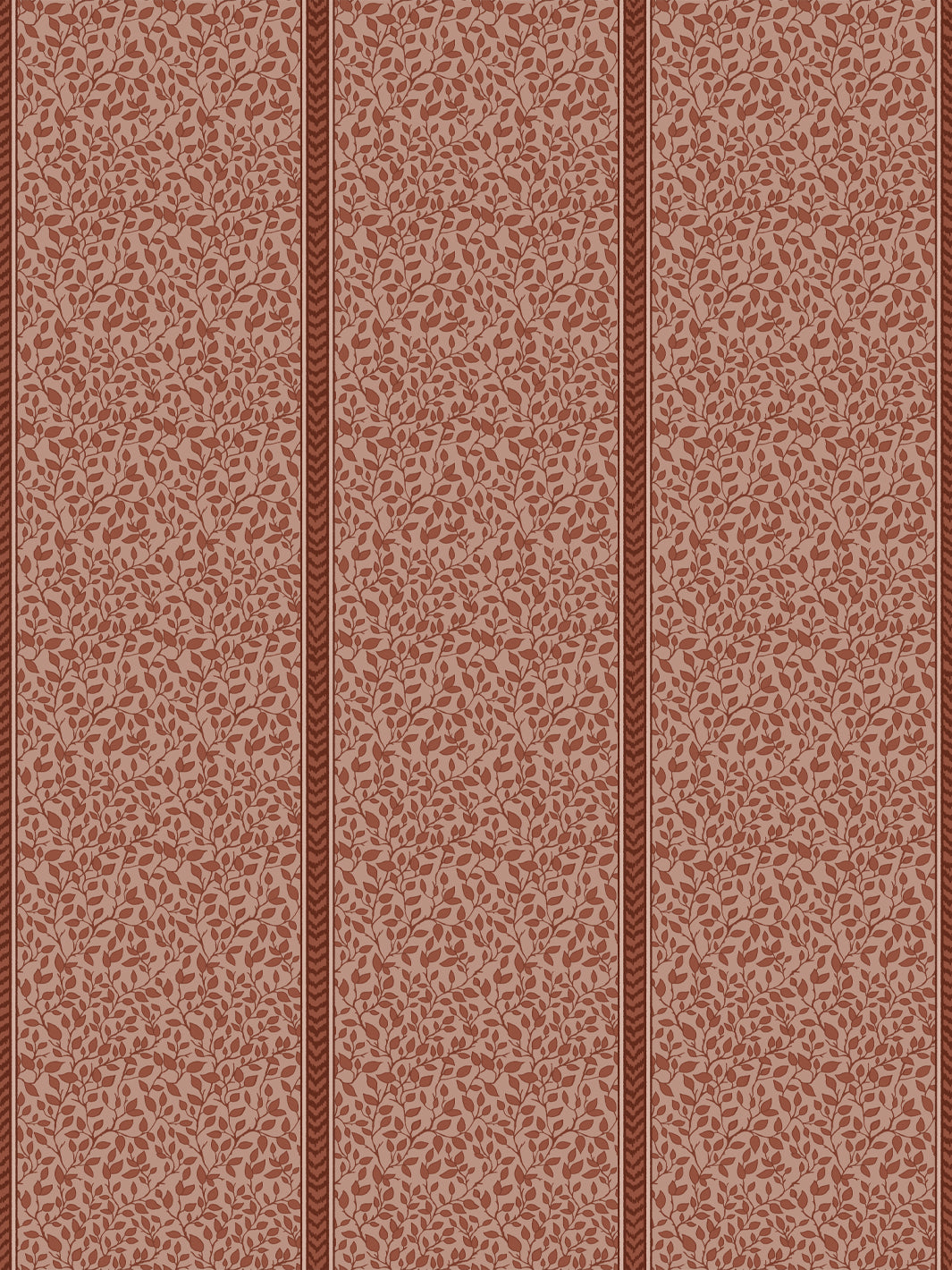 Clay pink wallpaper with rust leafy vines and deep oxblood flamestitch stripes between panels