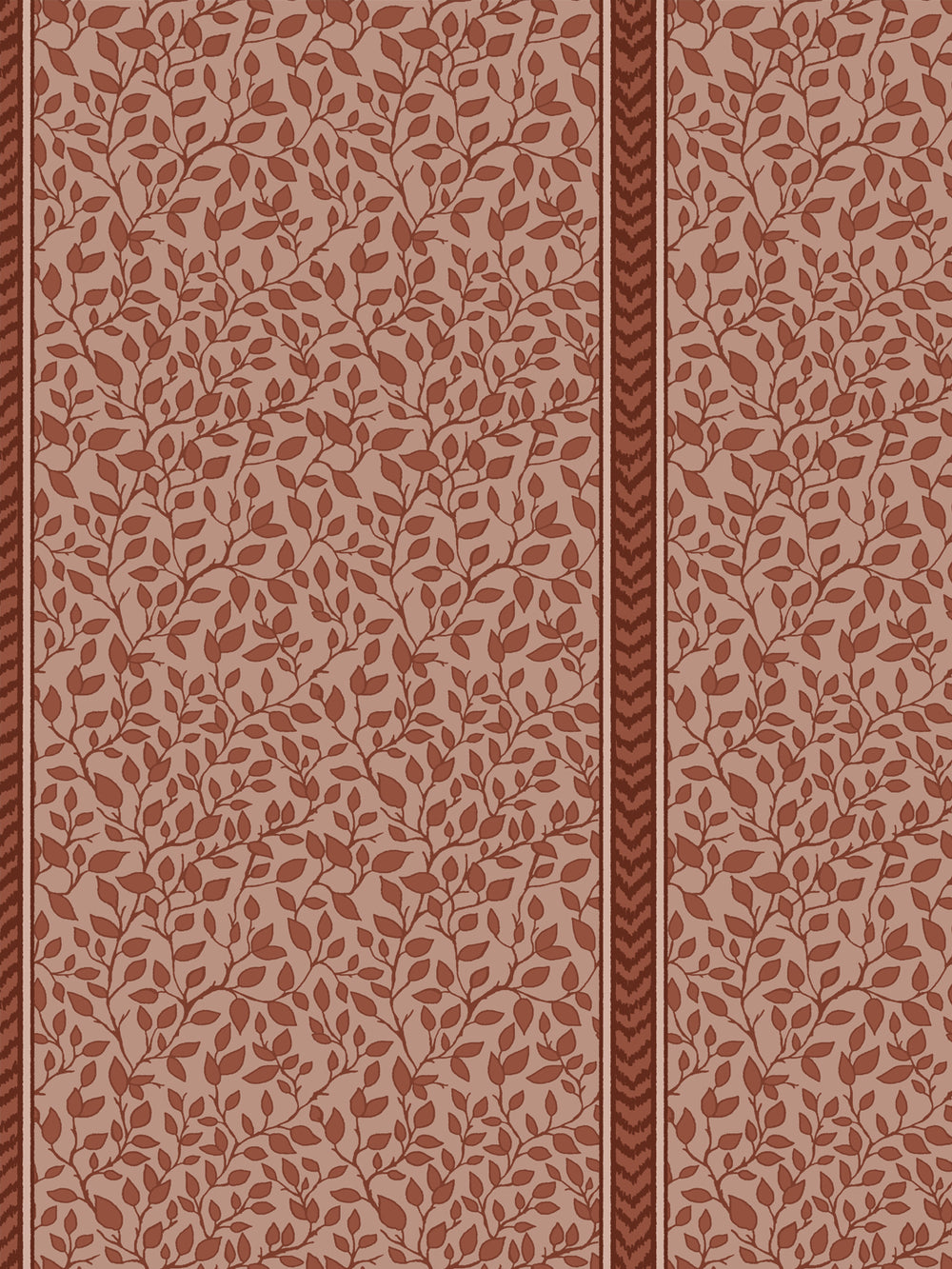 Close view of rust trailing leaves on clay pink with a dark oxblood chevron flamestitch stripe