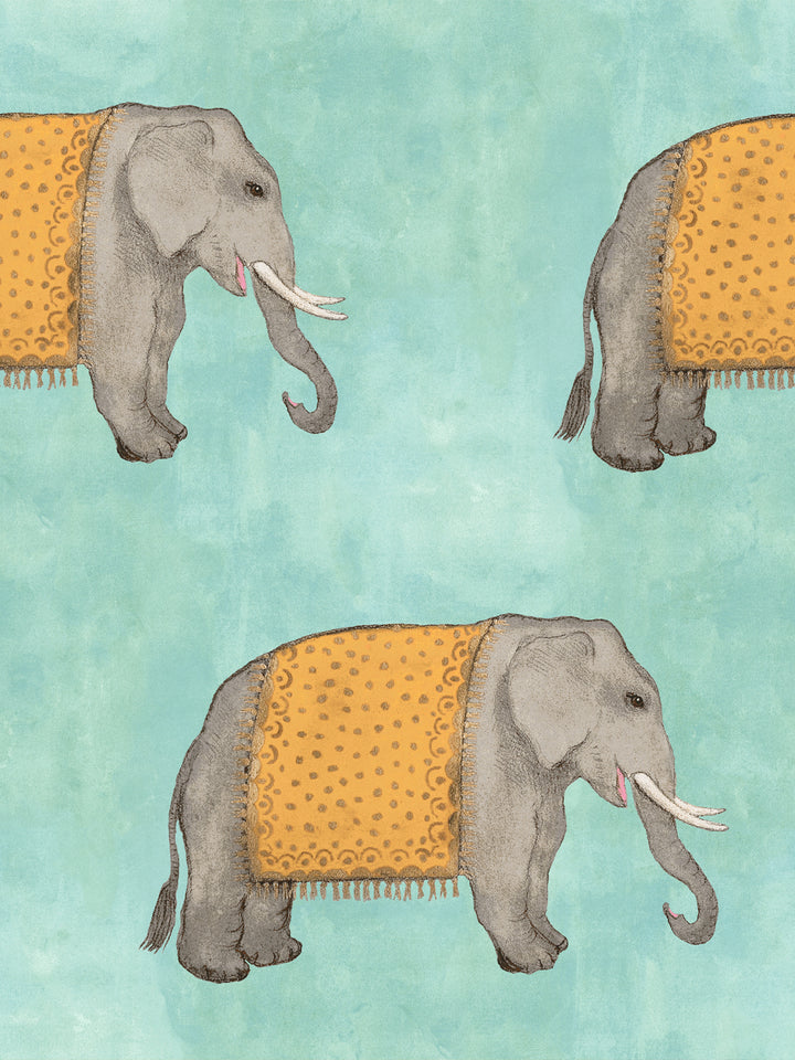 Elephant wallpaper with gray elephants and yellow patterned cloth on aqua blue