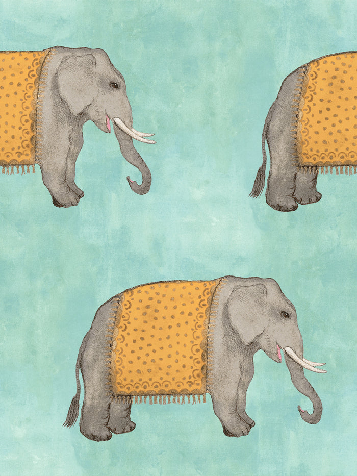 'Elephant' Wallpaper by Mary Maguire - Aqua Blue