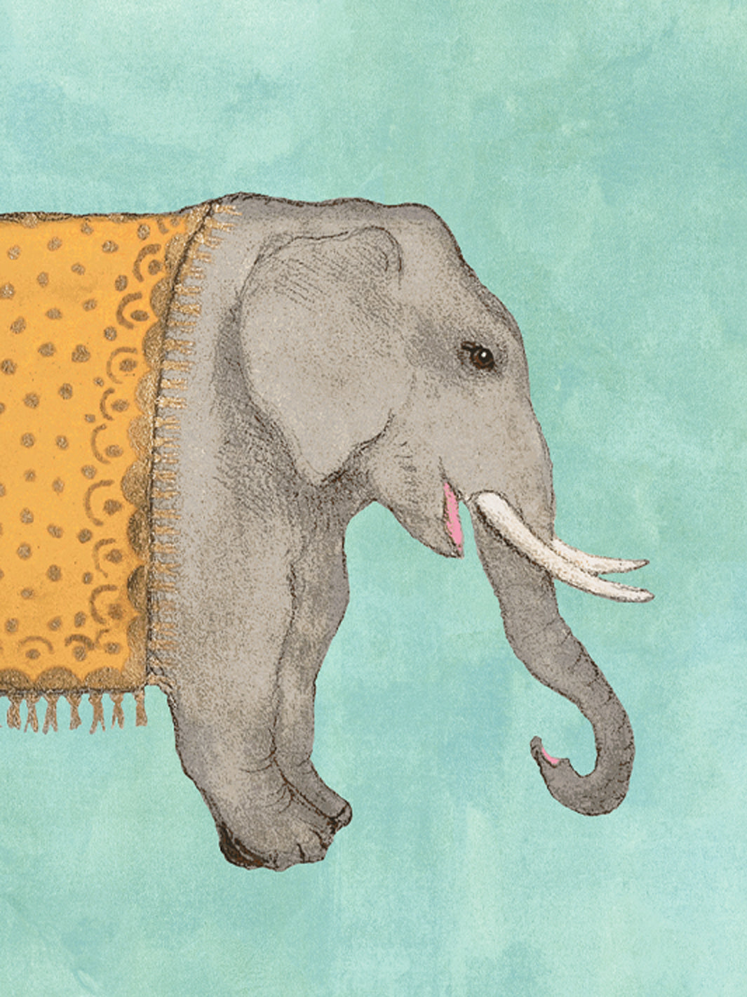 Elephant wallpaper close-up with gray elephant, yellow patterned cloth, and pink details