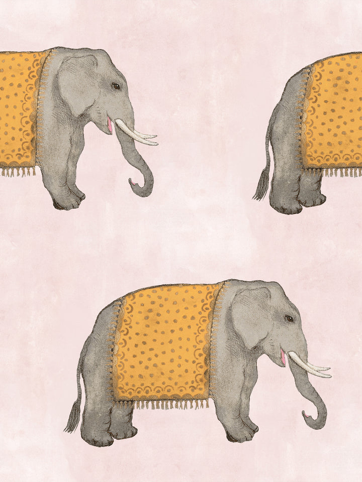 Elephant wallpaper pattern with gray elephants wearing golden patterned cloth on repeat