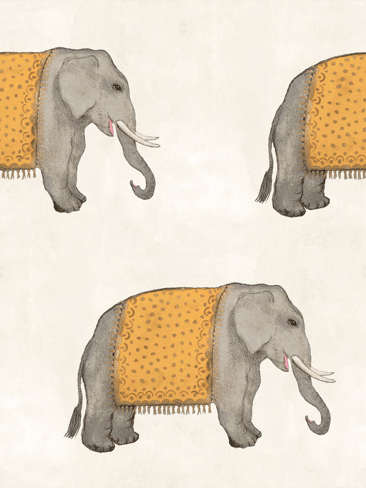 Elephant wallpaper with gray elephants, orange patterned blankets on ivory background