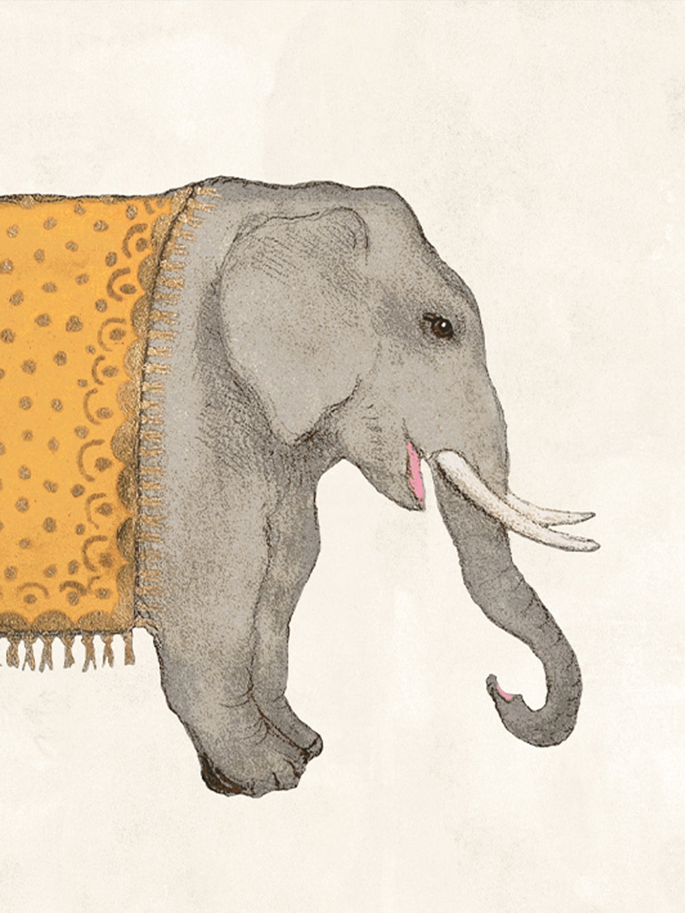 Elephant wallpaper close-up: gray elephant with orange patterned blanket on ivory
