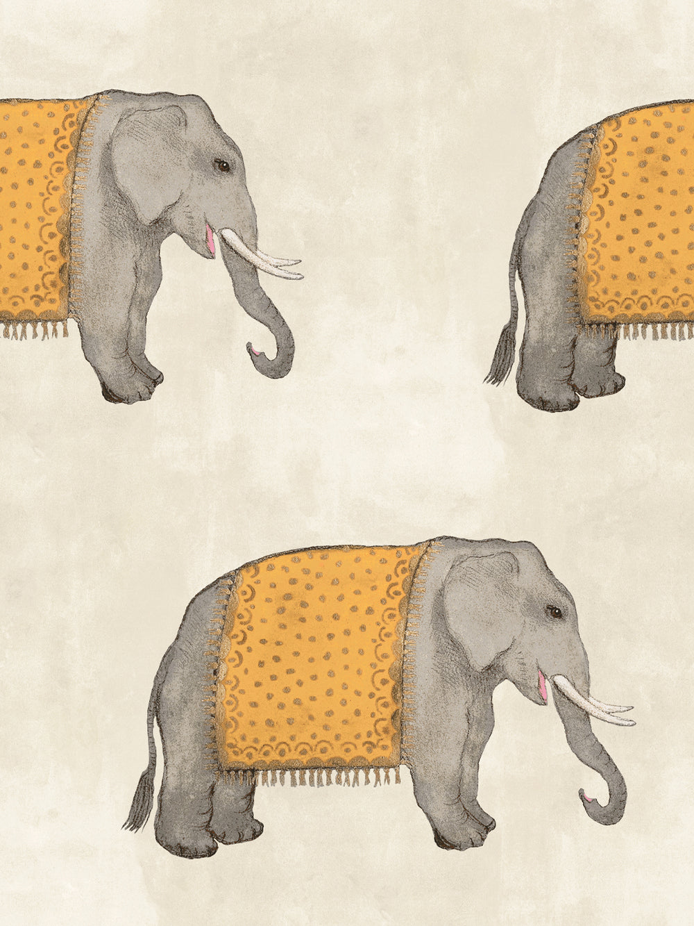 Elephant wallpaper with gray elephants and orange patterned cloth accents