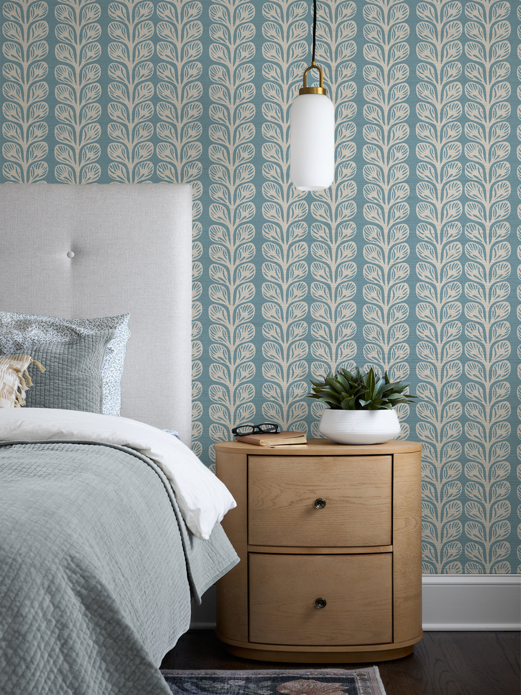 'Evergreen Stripe' Grasscloth Wallpaper by Wallshoppe - Azure Cream - Room Shot