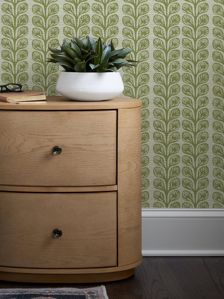'Evergreen Stripe' Grasscloth Wallpaper by Wallshoppe - Olive - Room Shot