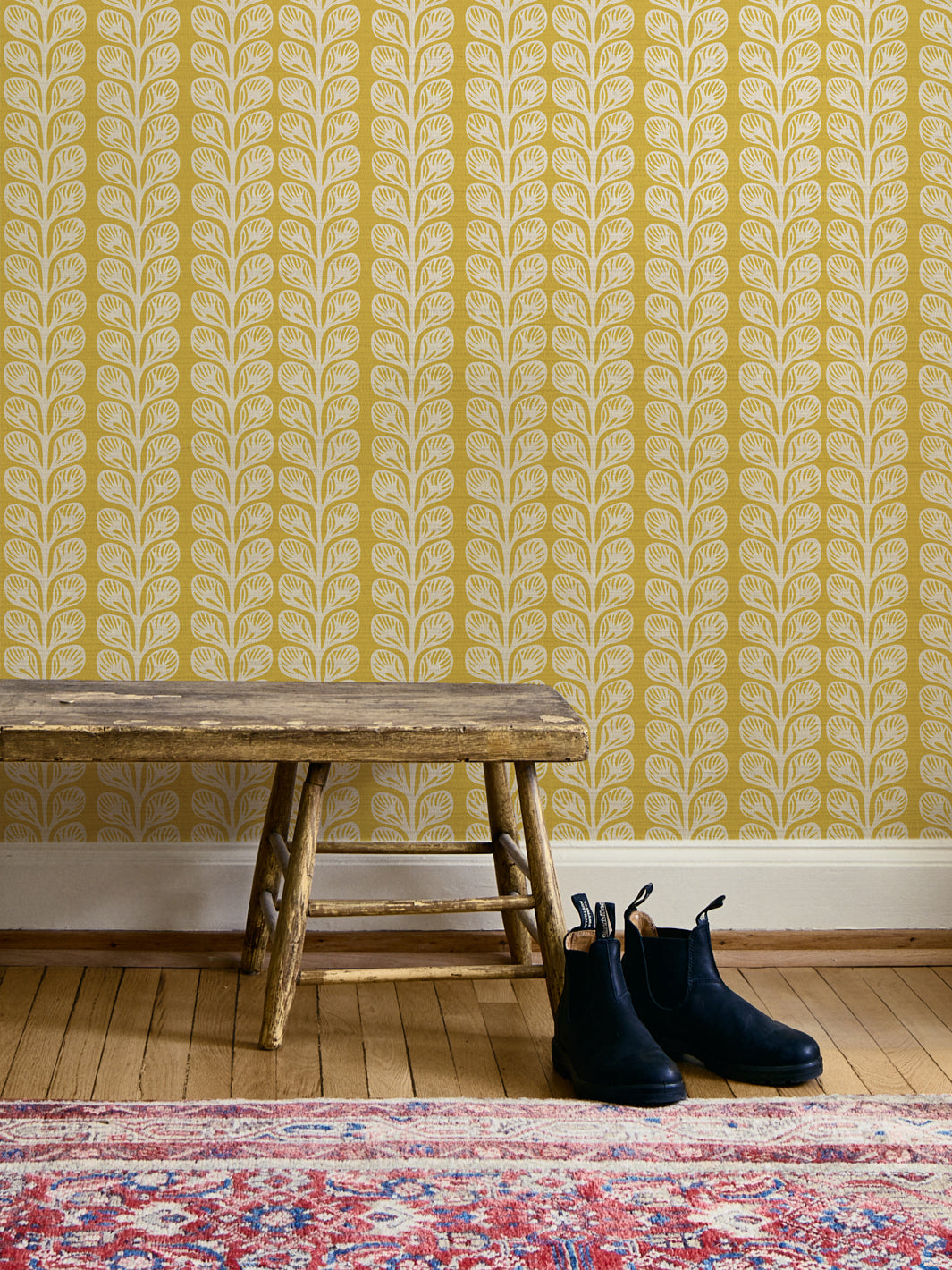 'Evergreen Stripe' Grasscloth Wallpaper by Wallshoppe - Saffron Cream - Room Shot