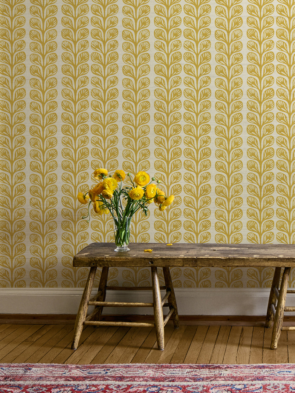 'Evergreen Stripe' Grasscloth Wallpaper by Wallshoppe - Saffron - Room Shot
