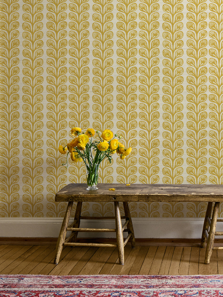 'Evergreen Stripe' Grasscloth Wallpaper by Wallshoppe - Saffron - Room Shot