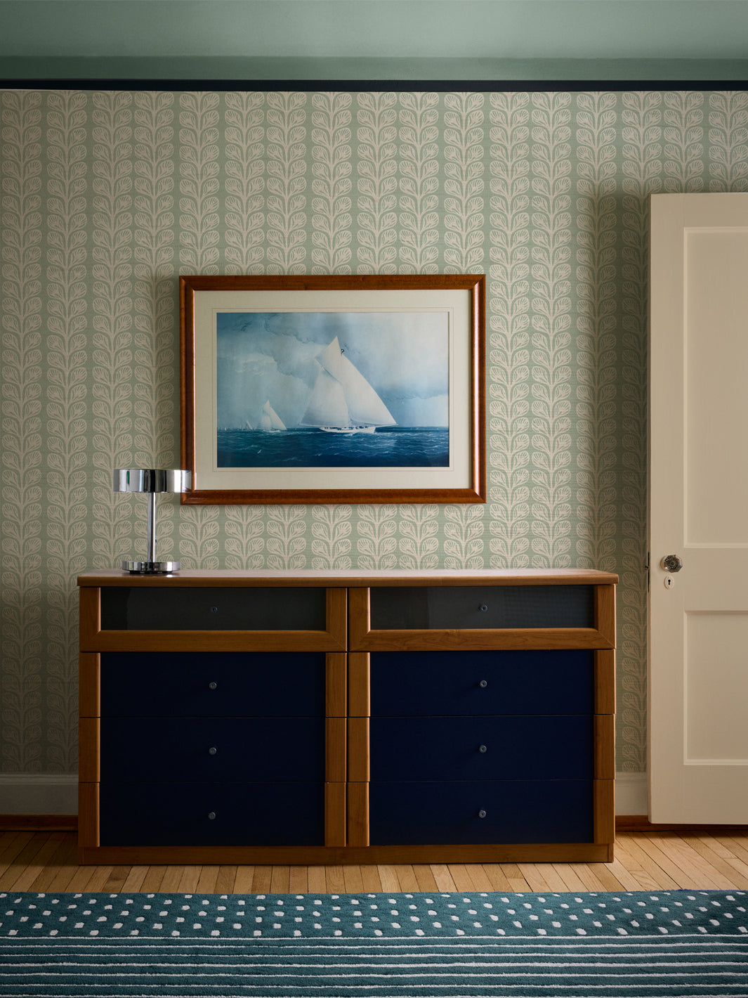 'Evergreen Stripe' Grasscloth Wallpaper by Wallshoppe - Sage Cream - Room Shot