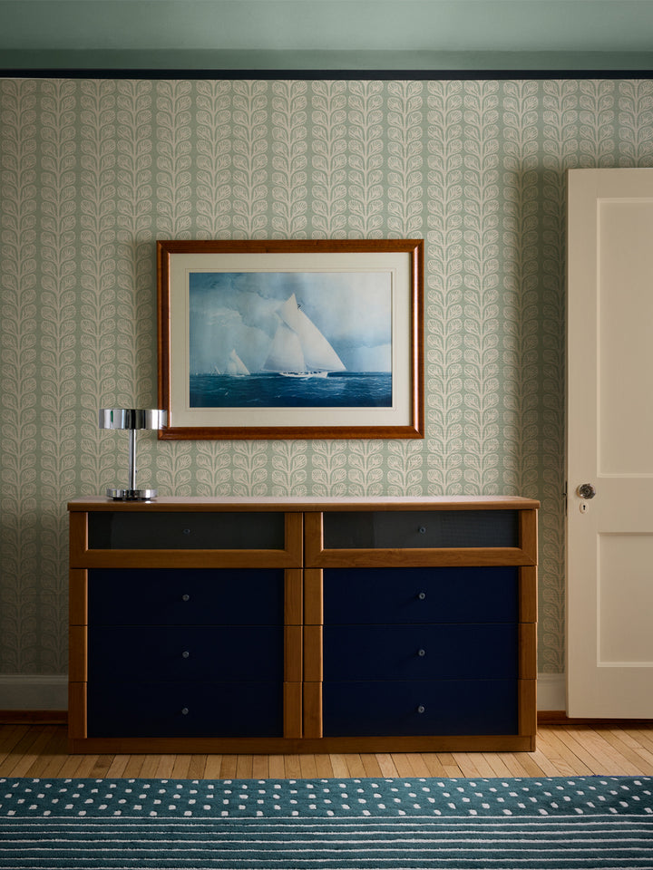 'Evergreen Stripe' Grasscloth Wallpaper by Wallshoppe - Sage Cream - Room Shot