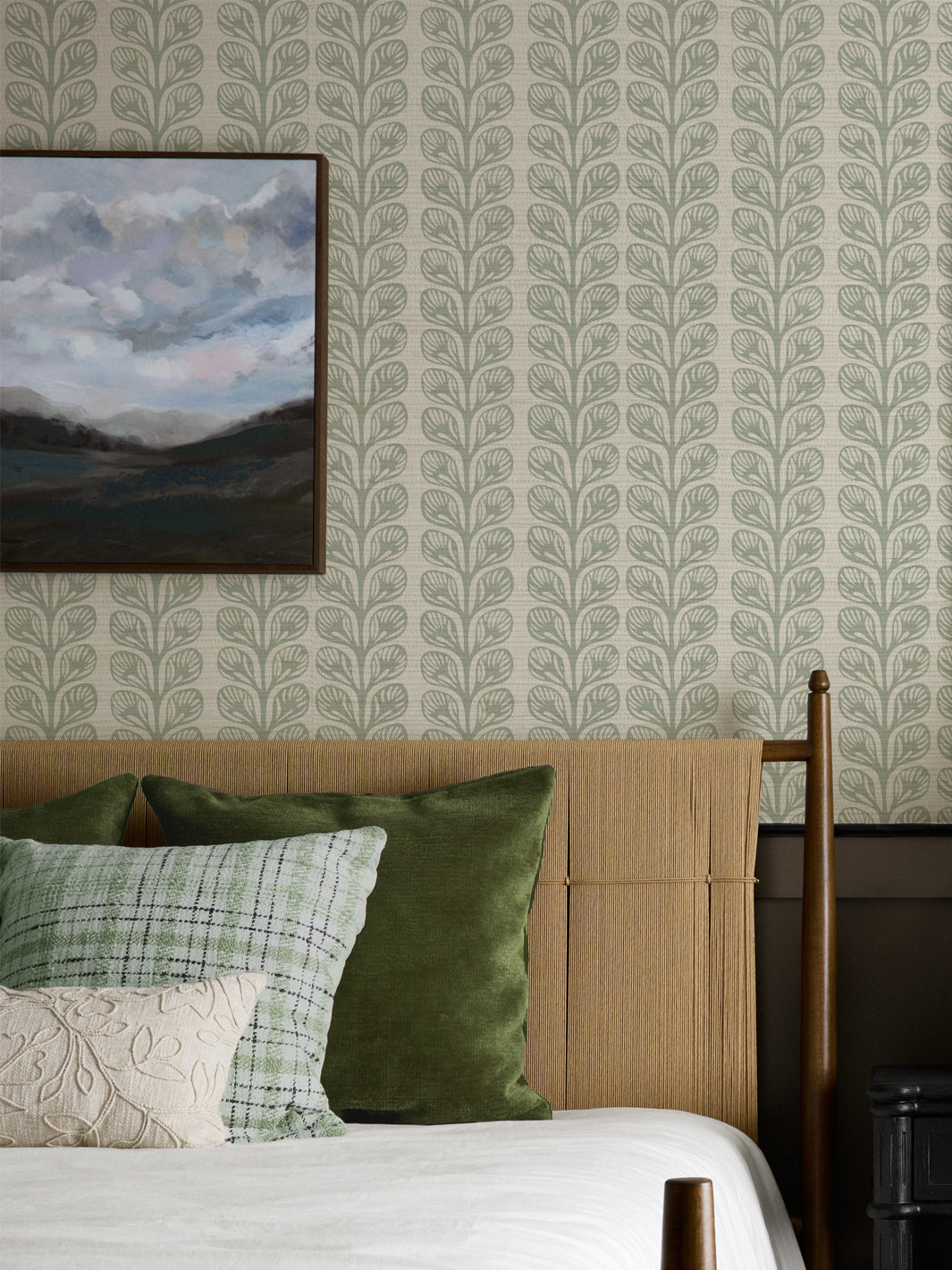 'Evergreen Stripe' Grasscloth Wallpaper by Wallshoppe - Sage - Room Shot