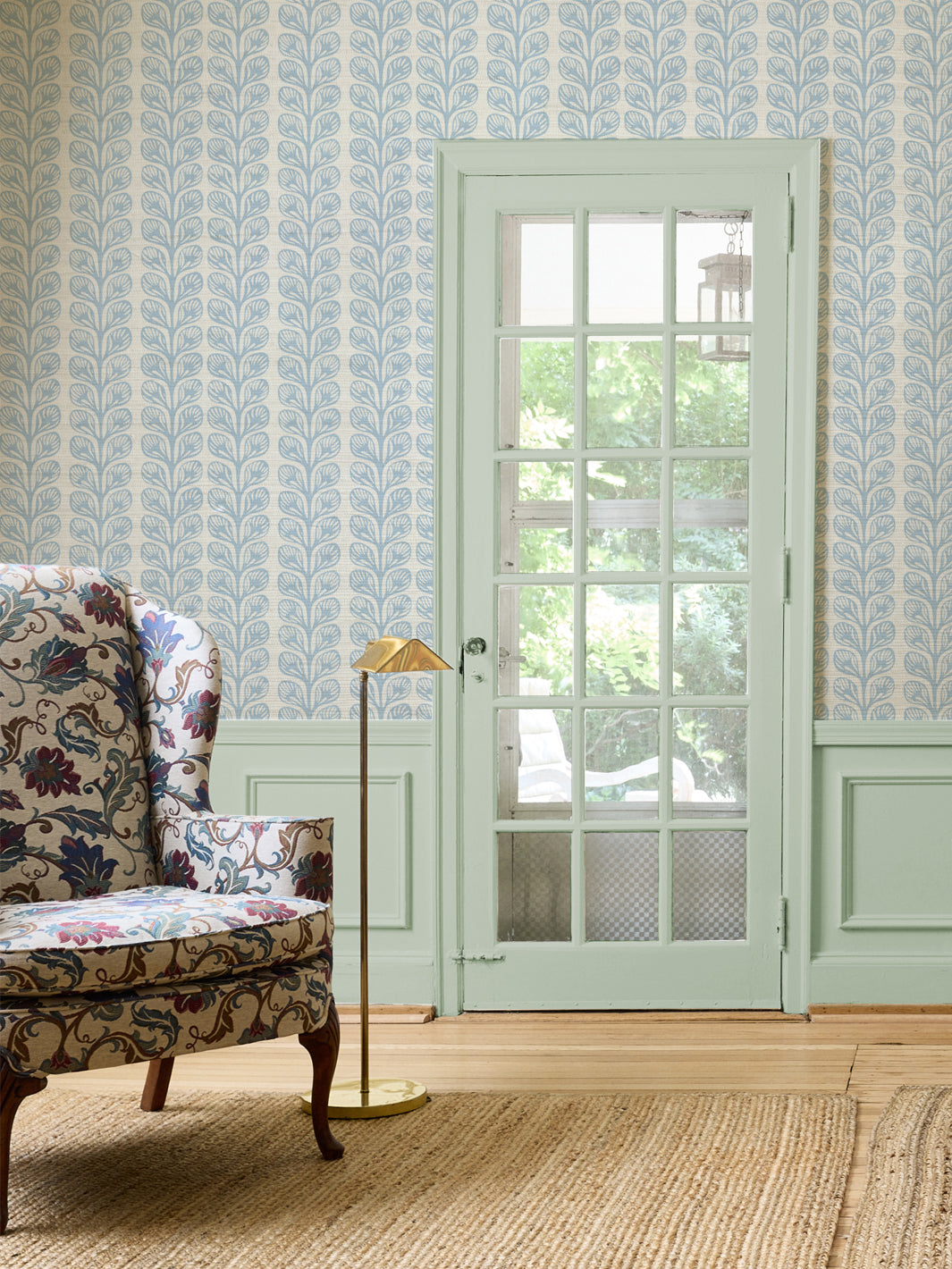 'Evergreen Stripe' Grasscloth Wallpaper by Wallshoppe - Sky - Room Shot