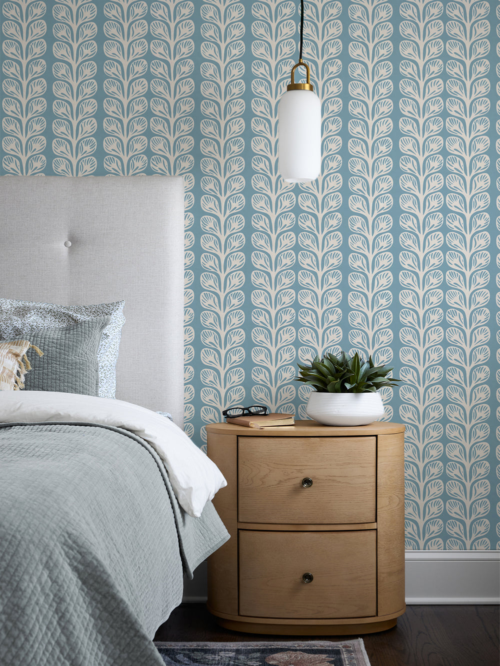 'Evergreen Stripe' Wallpaper by Wallshoppe - Azure Cream - Room Shot