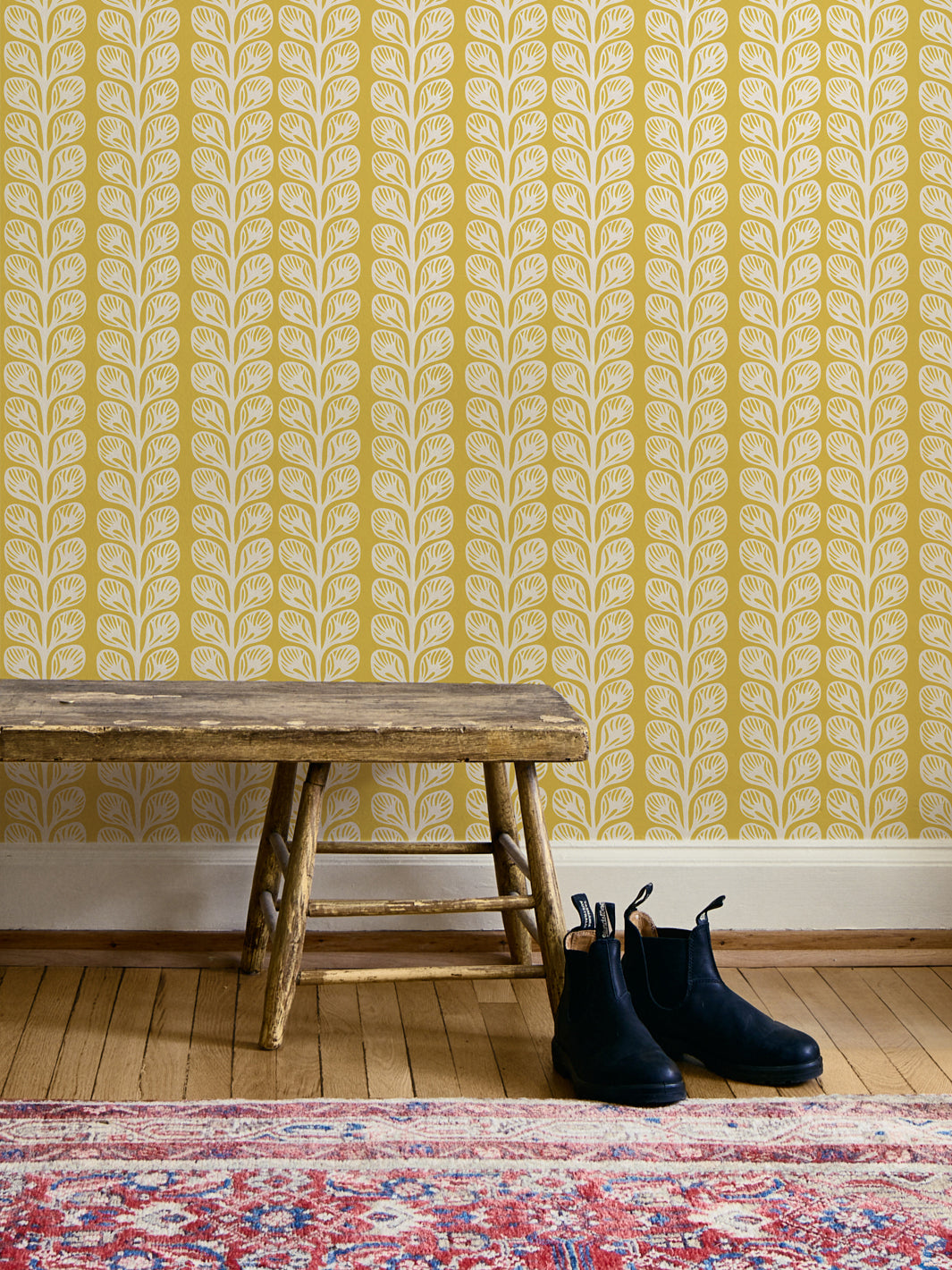 'Evergreen Stripe' Wallpaper by Wallshoppe - Saffron Cream - Room Shot