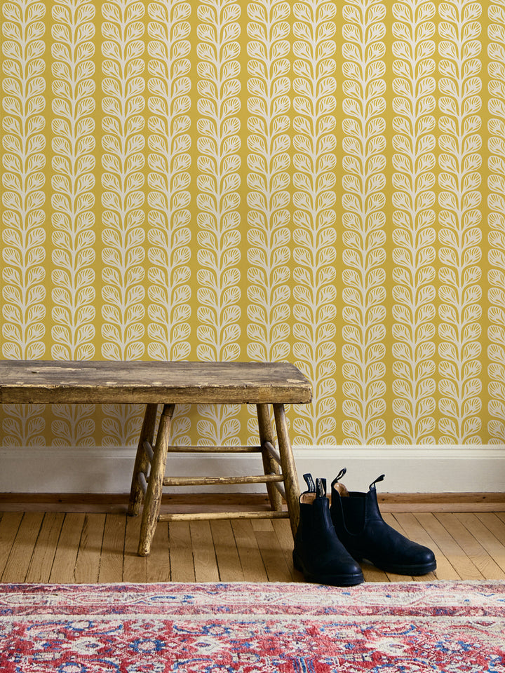 'Evergreen Stripe' Wallpaper by Wallshoppe - Saffron Cream - Room Shot