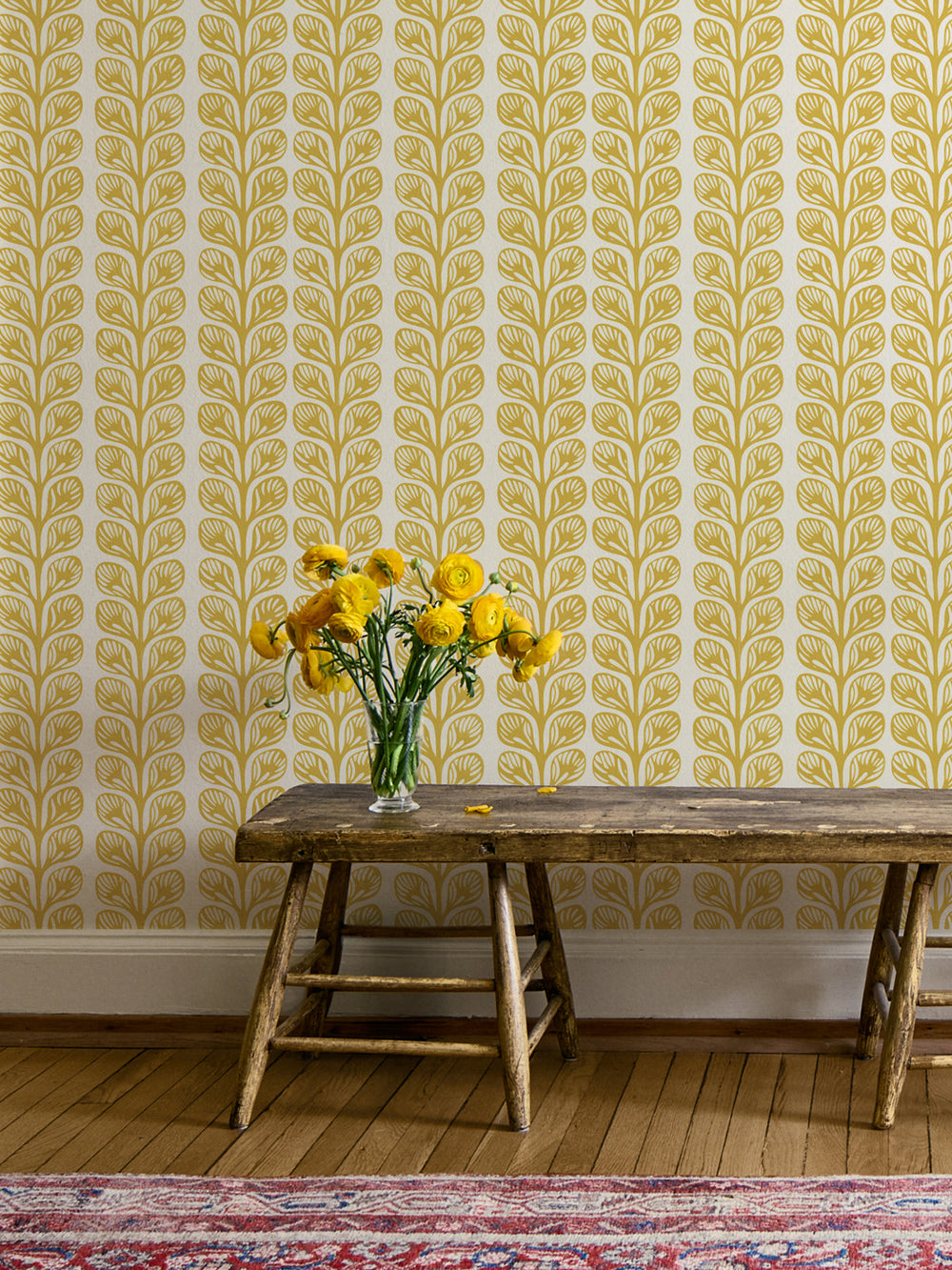'Evergreen Stripe' Wallpaper by Wallshoppe - Saffron - Room Shot