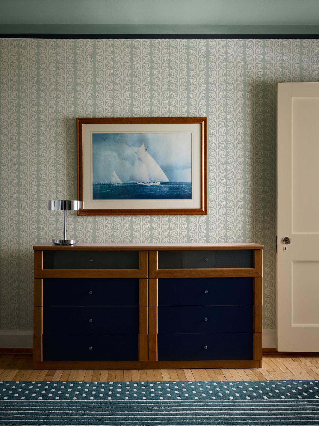 'Evergreen Stripe' Wallpaper by Wallshoppe - Sage Cream - Room Shot