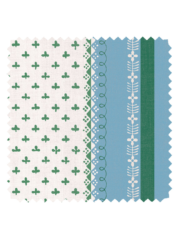 'Fleur de Lis Raylée' Linen Fabric by Clare V. - Azure Green