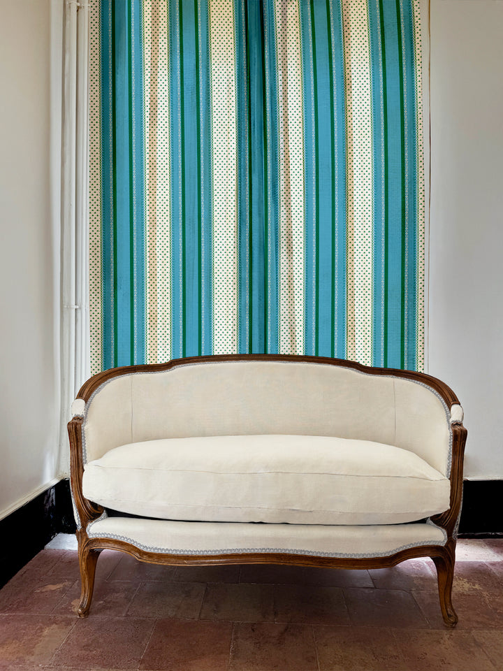 'Fleur de Lis Raylée' Linen Fabric by Clare V. - Azure Green