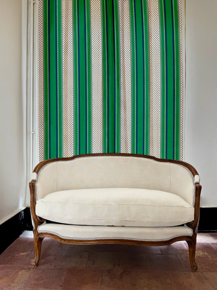 'Fleur de Lis Raylée' Linen Fabric by Clare V. - Navy Green