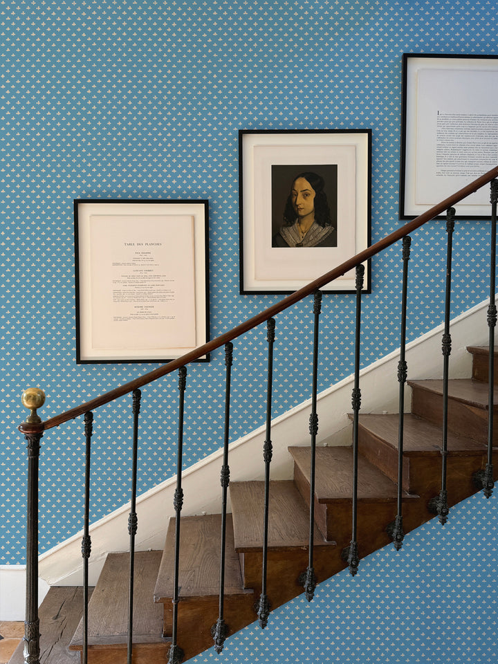 'Fleur de Lis' Wallpaper by Clare V. - Blue Cream