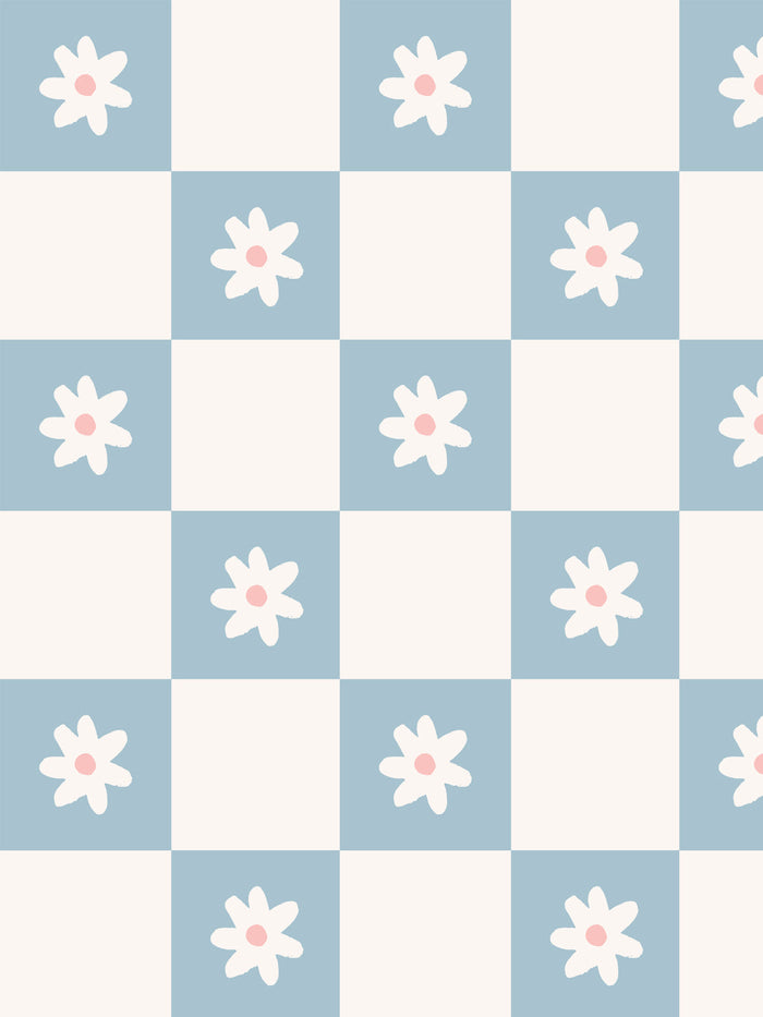 'Floral Check' Wallpaper by Meri Meri - Blue