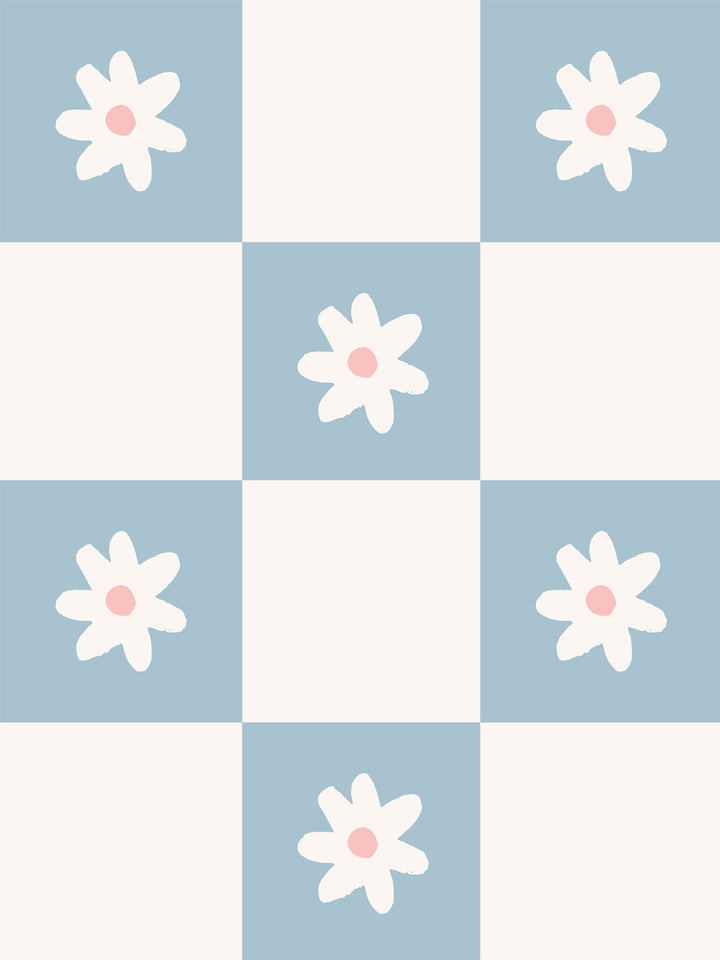 'Floral Check' Wallpaper by Meri Meri - Blue
