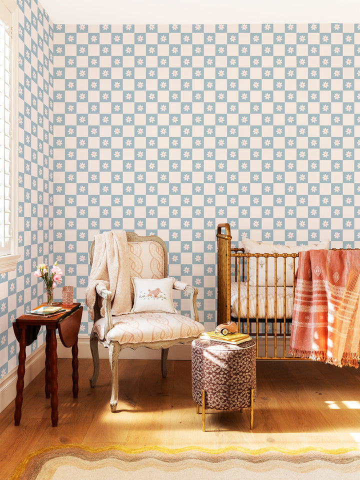 'Floral Check' Wallpaper by Meri Meri - Blue