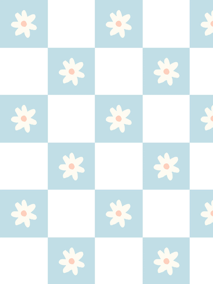 'Floral Check' Wallpaper by Meri Meri - Light Blue