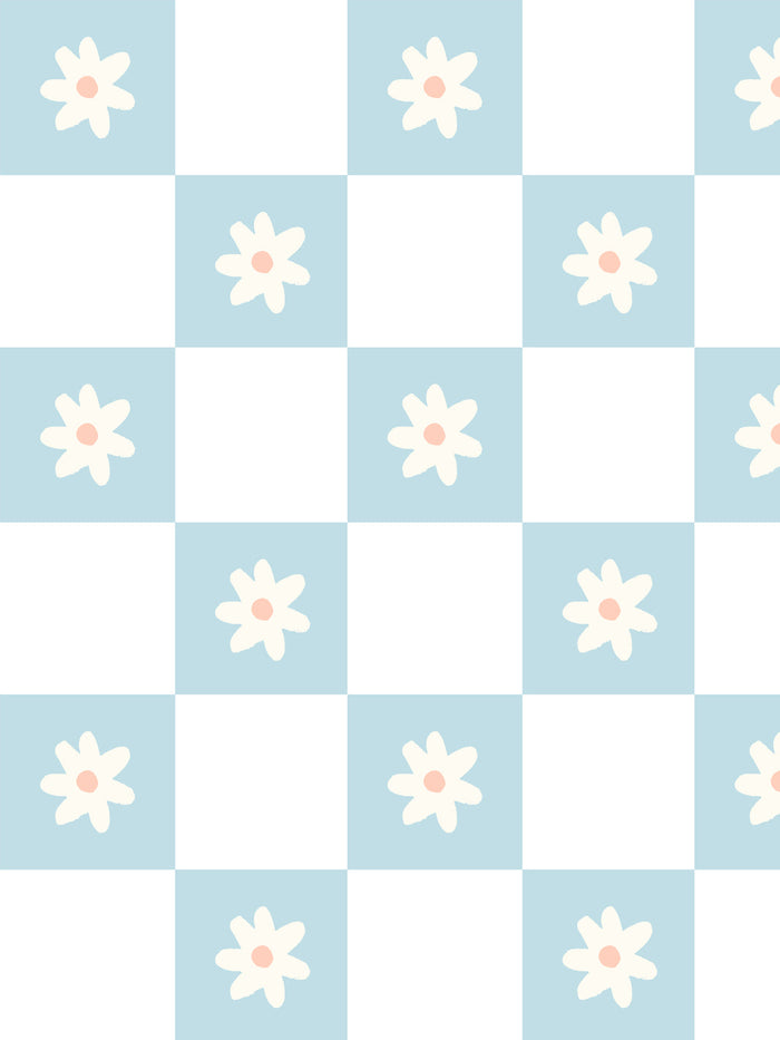 'Floral Check' Wallpaper by Meri Meri - Light Blue
