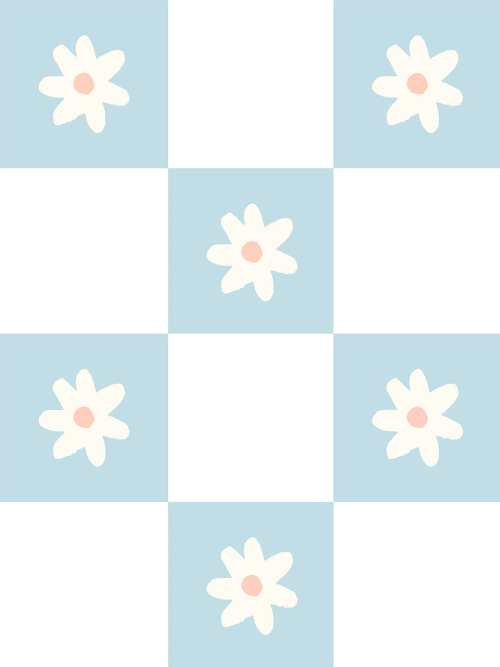 'Floral Check' Wallpaper by Meri Meri - Light Blue