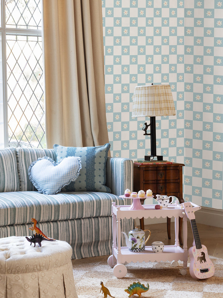 'Floral Check' Wallpaper by Meri Meri - Light Blue