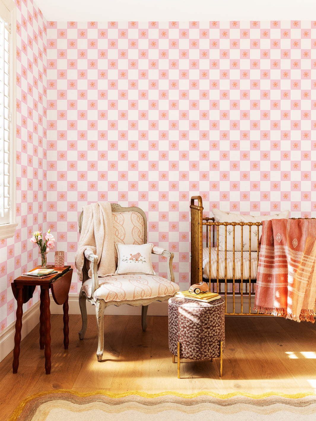 'Floral Check' Wallpaper by Meri Meri - Peachy Pink