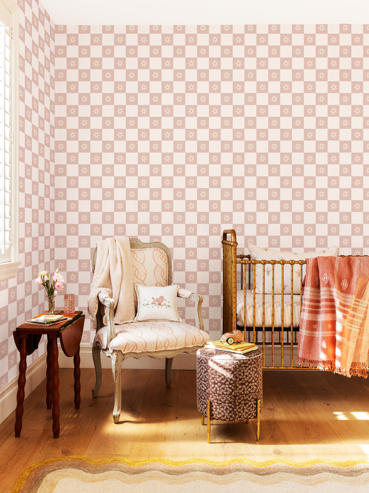 'Floral Check' Wallpaper by Meri Meri - Soft Mauve