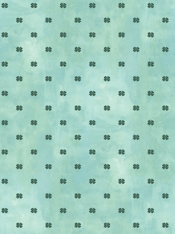 Aqua blue wallpaper with repeating small four-leaf clover pattern