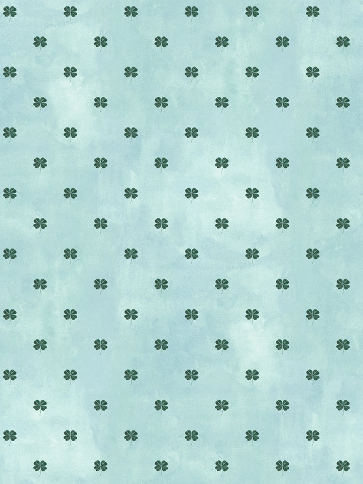 Blue four-leaf clover wallpaper pattern with small green clovers in a repeating grid