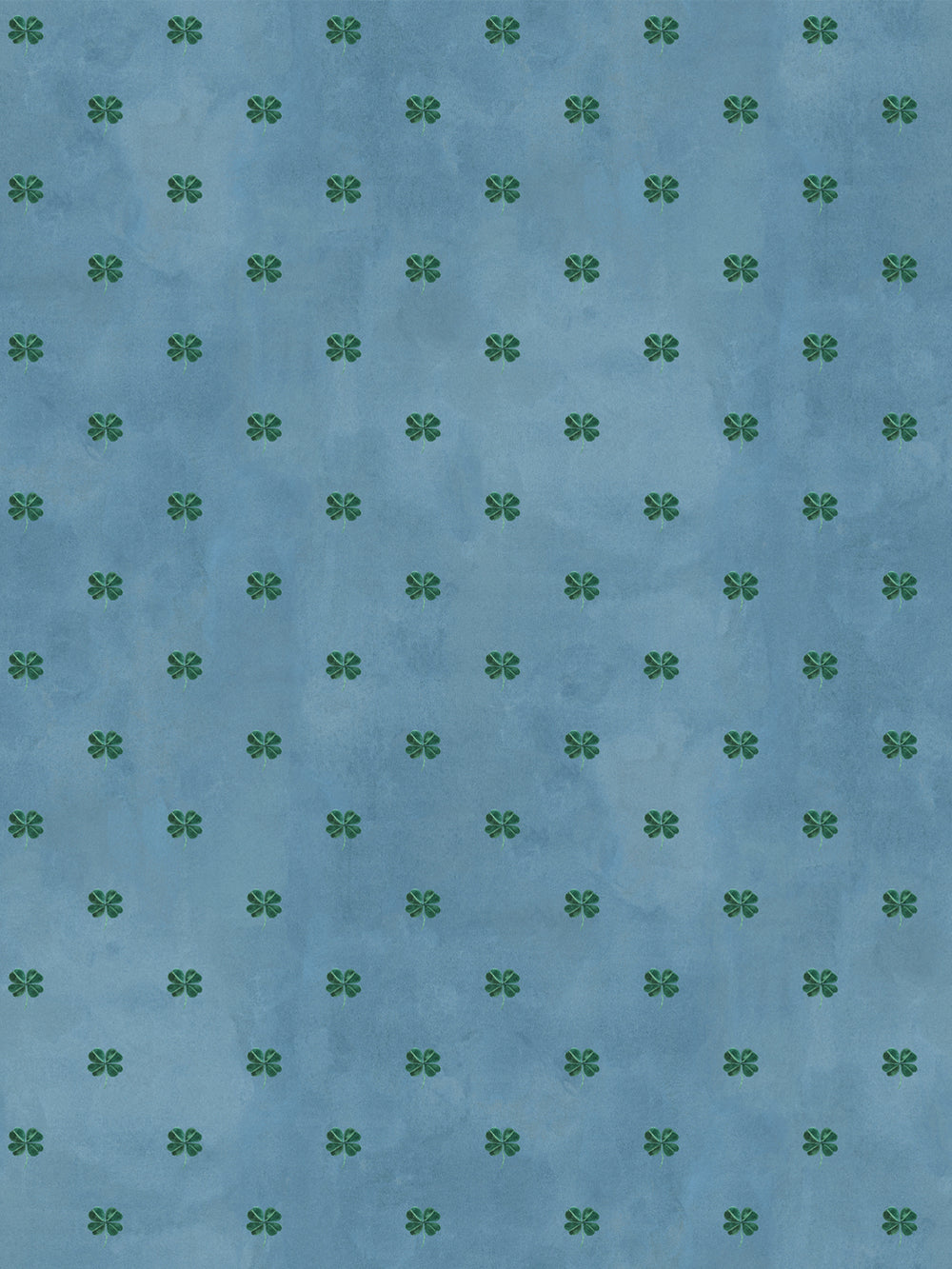 Clover-pattern wallpaper with small green four-leaf motifs on cadet blue background
