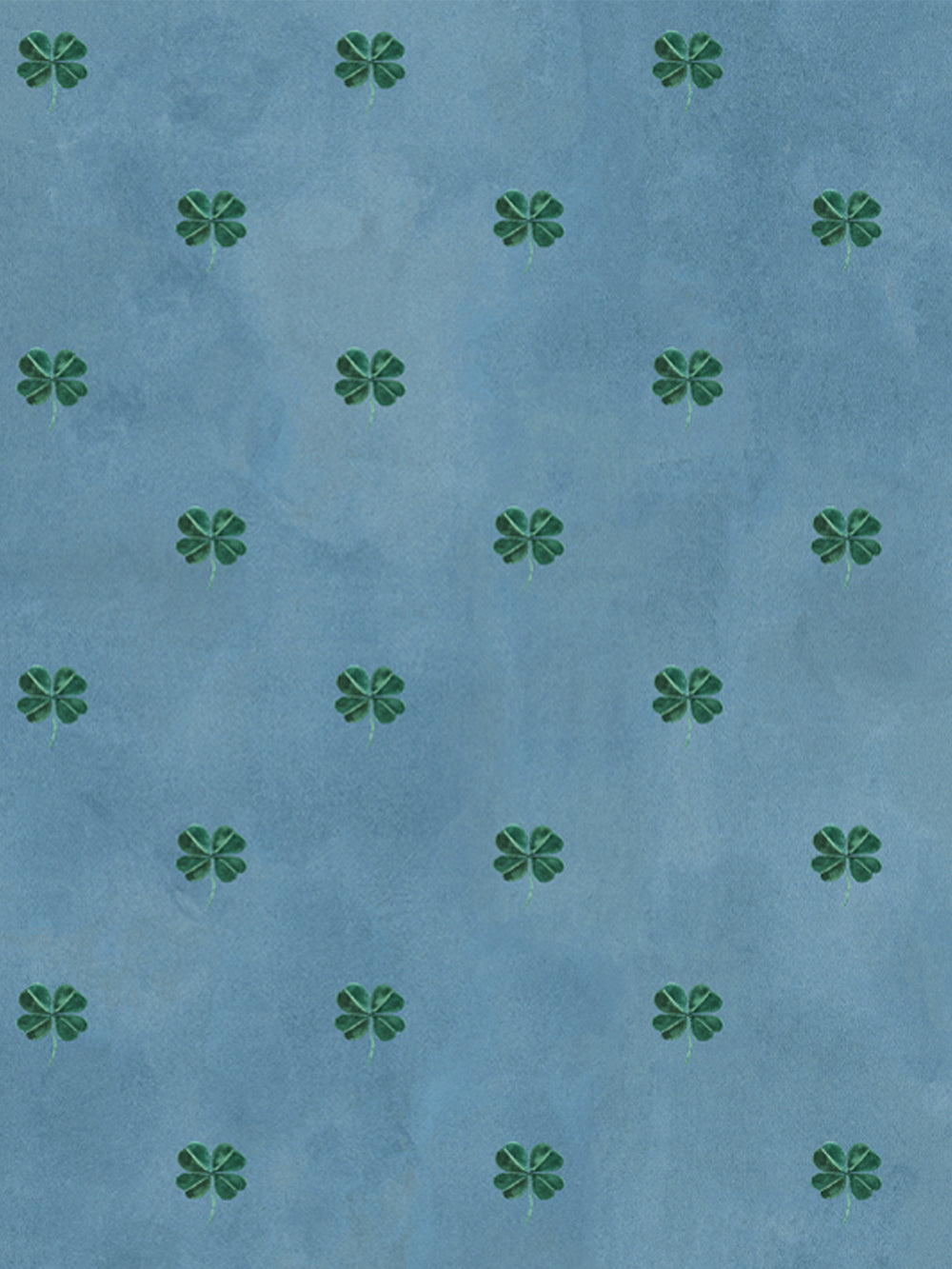 Clover-pattern wallpaper with spaced green four-leaf motifs on cadet blue background