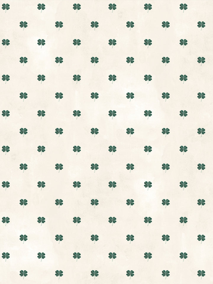Ivory wallpaper with repeating four-leaf clover icons in dark green