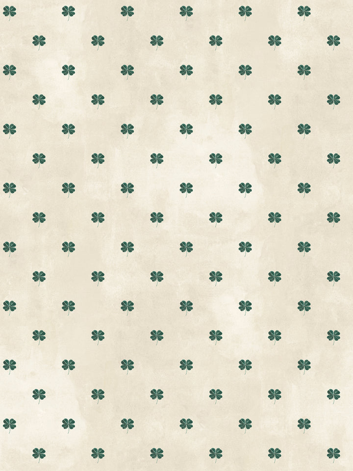Four-leaf clover wallpaper pattern on parchment background with small teal clover motifs