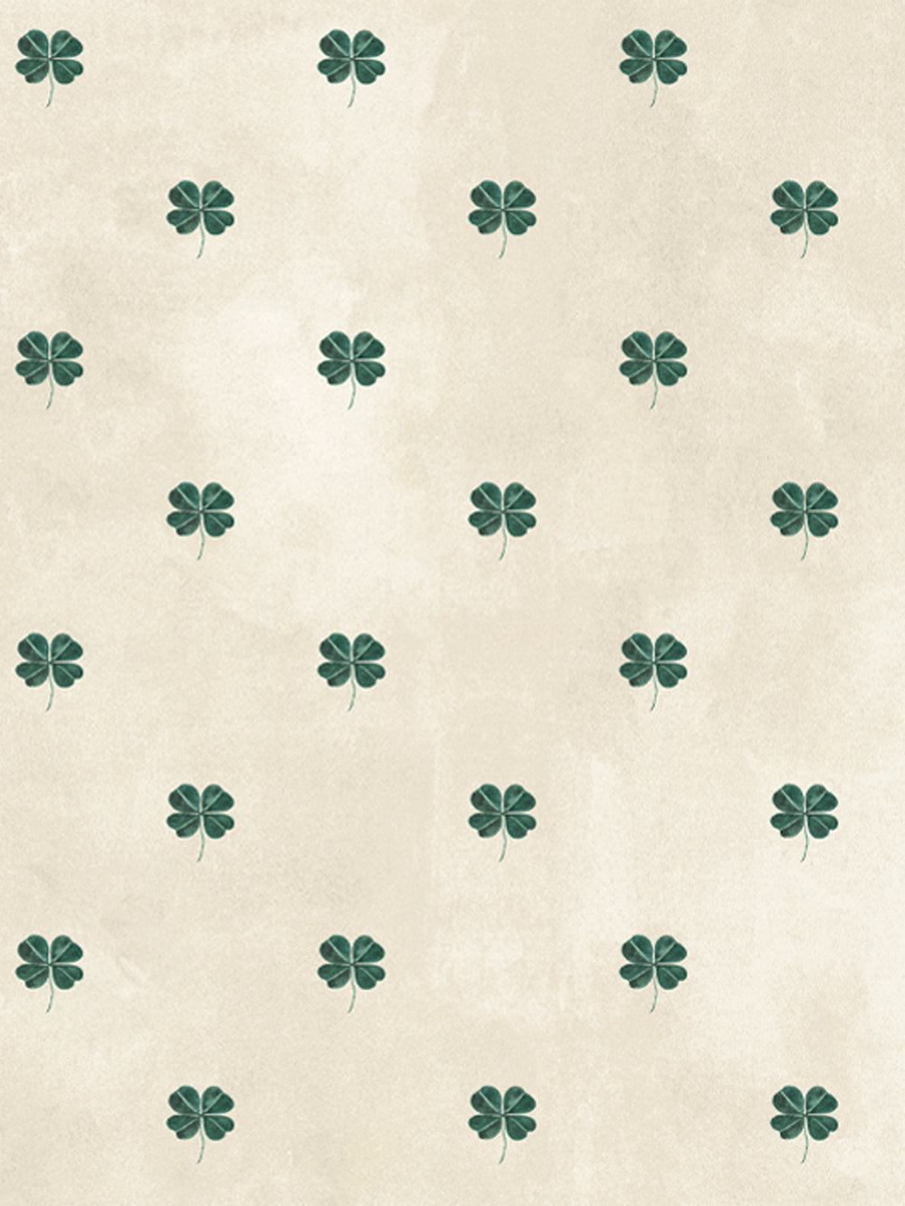 Four-leaf clover wallpaper with evenly spaced teal clover motifs on parchment