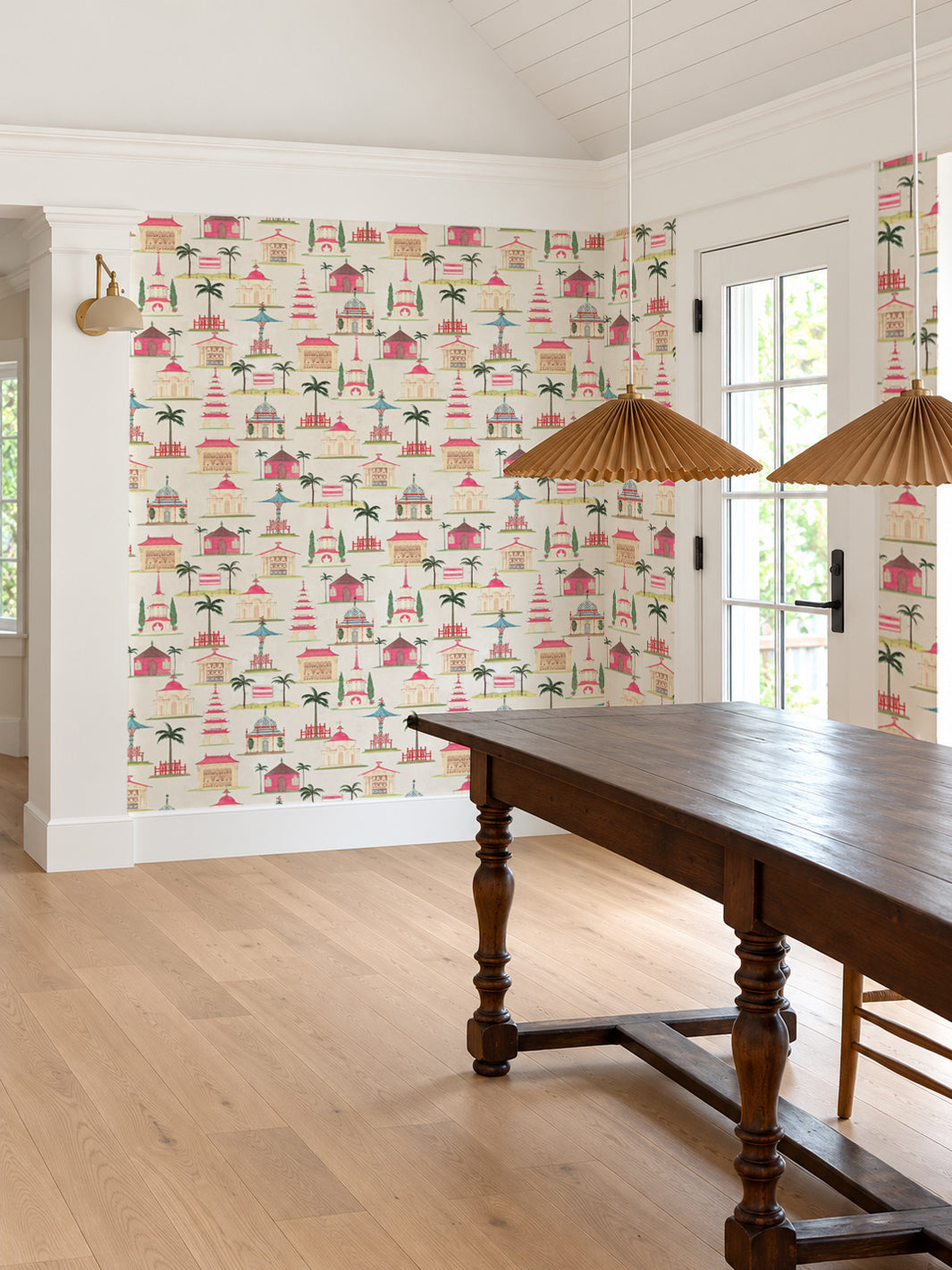 Ivory wallpaper with hanging lantern and birdcage motif