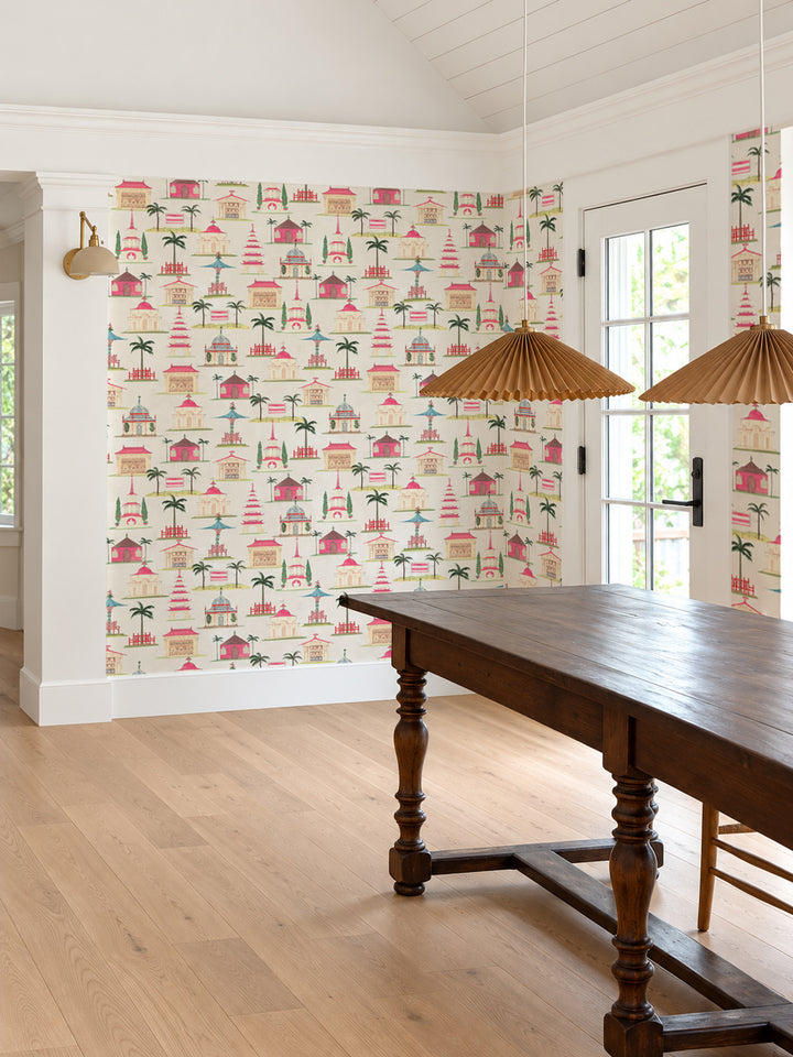 Ivory wallpaper with hanging lantern and birdcage motif